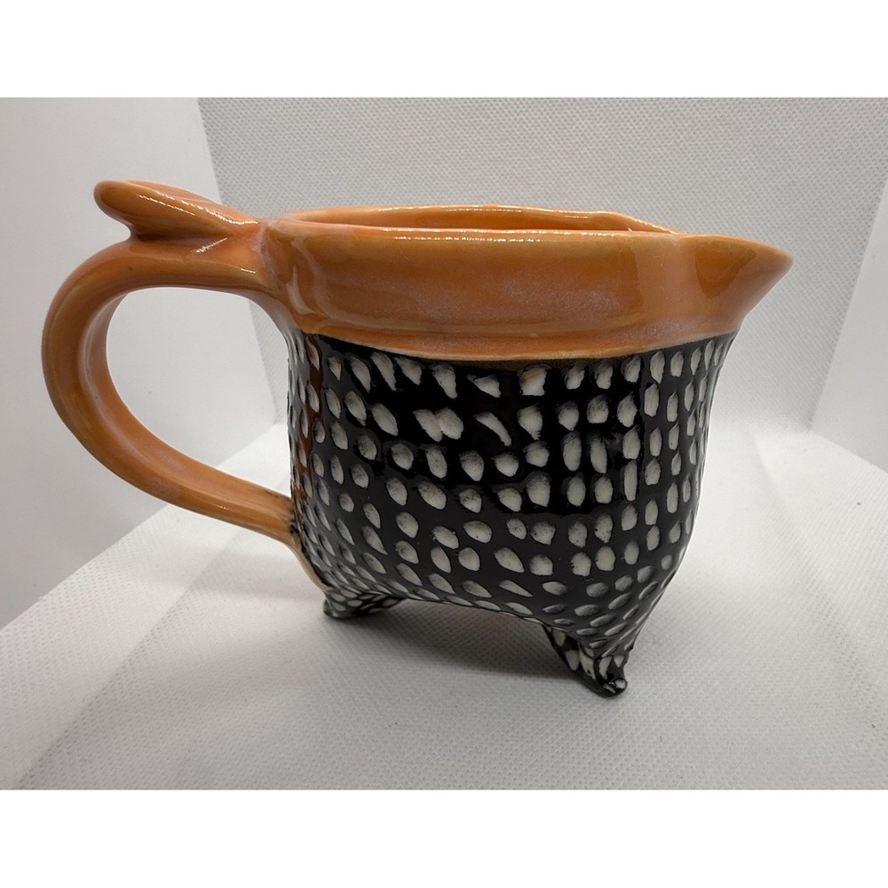Handmade Studio Pottery Mug Orange Black Textured Body Footed